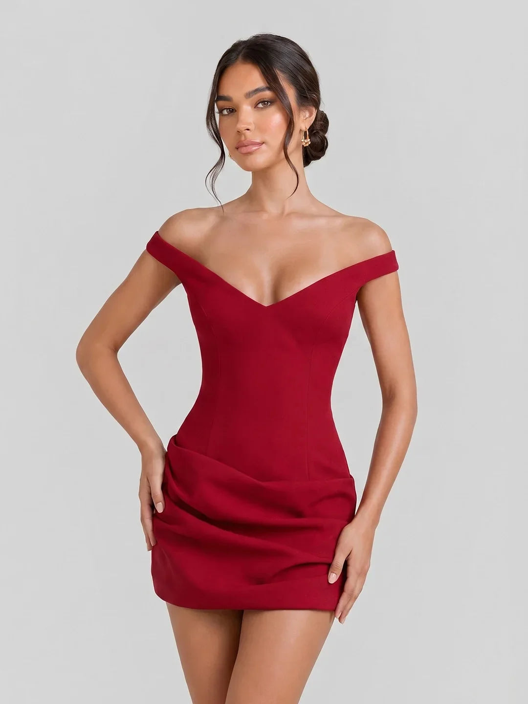 Off-Shoulder Draped Crepe Mini Dress