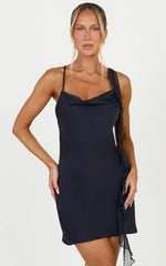 Alani Mini Dress - Open Cowl Back Flounce Detail Dress in Navy