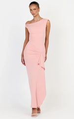 Alba Maxi Dress - Off Shoulder Waterfall Sash Dress in Pink