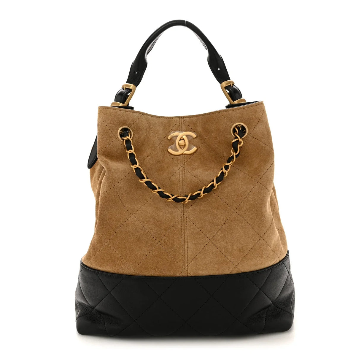 Suede Calfskin Shiny Lambskin Quilted Shopping Bag Beige Black
