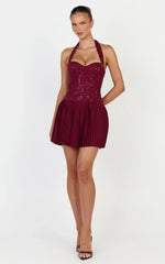 Malia Mini Dress - Lace Corset Bodice Pleated Skirt Halter Dress in Wine