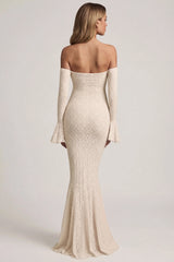 Off-Shoulder Ruffle Lace Maxi Dress in Ivory