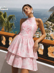 Floral Halterneck Back Bow Mini Dress