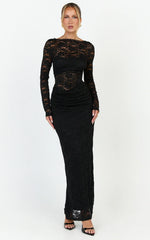 Skye Maxi Dress - Lace Long Sleeve Draped Waist Dress in Black
