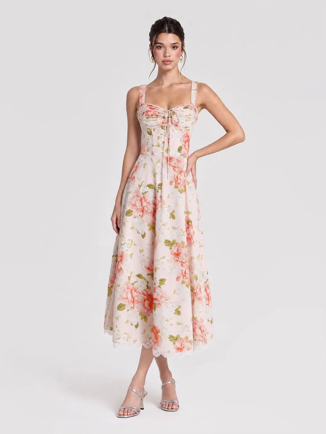 Floral Corset Lace Trim Midi Dress