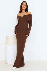 Simple Silhouettes Knit Off Shoulder Maxi Dress Brown