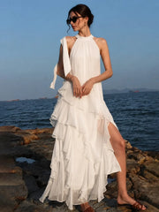 High-Low Ruffle Halter Chiffon Maxi Dress