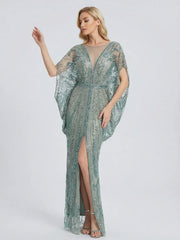 Retro Batwing Sleeve Sequin Evening Gown
