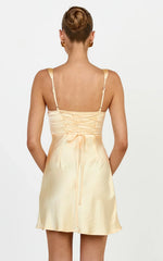 Rumi Mini Dress - Ruched Bodice Satin Dress in Lemon