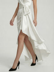 Midnight Elegance Satin Halter Ruffle Gown