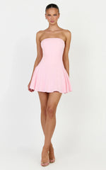 Poppy Mini Dress - Contrast Skirt Strapless Dress in Pink