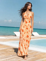 3D Flower Ruched Halterneck Maxi Dress