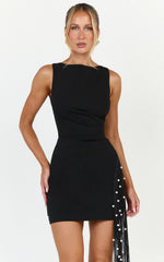 Liana Mini Dress - Boat Neckline Pearl Fringe Dress in Black