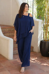 Women's Set | Asymmetrical Cover-Up Top and Straight Cut Trousers | Elegant Casual Spring Summer Outfit