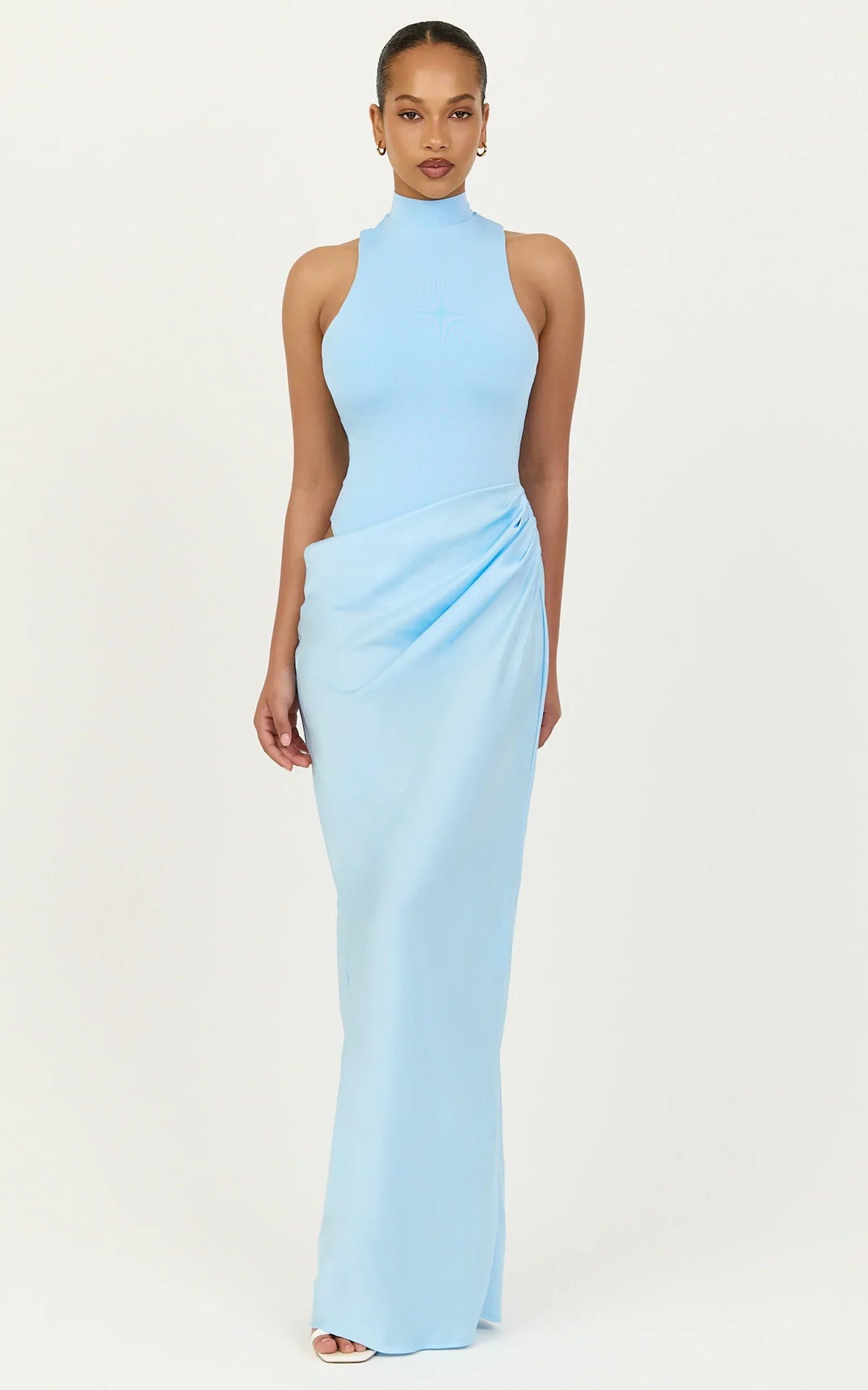 Elodie Maxi Dress - High Neck Draped Overlay Dress in Light Blue
