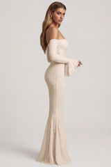 Off-Shoulder Ruffle Lace Maxi Dress in Ivory