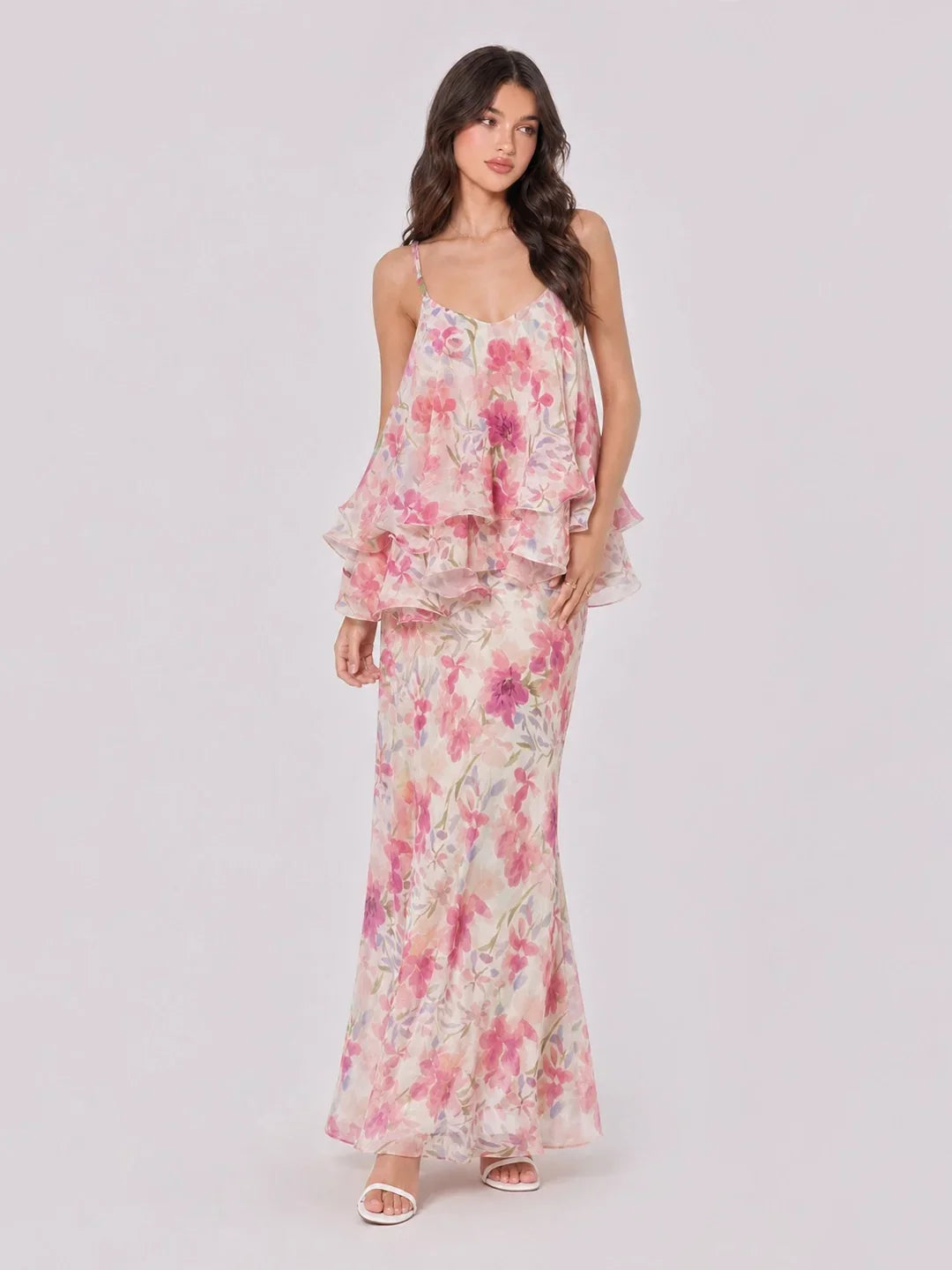 Watercolor Floral Ruffle Tiered Two Piece Set