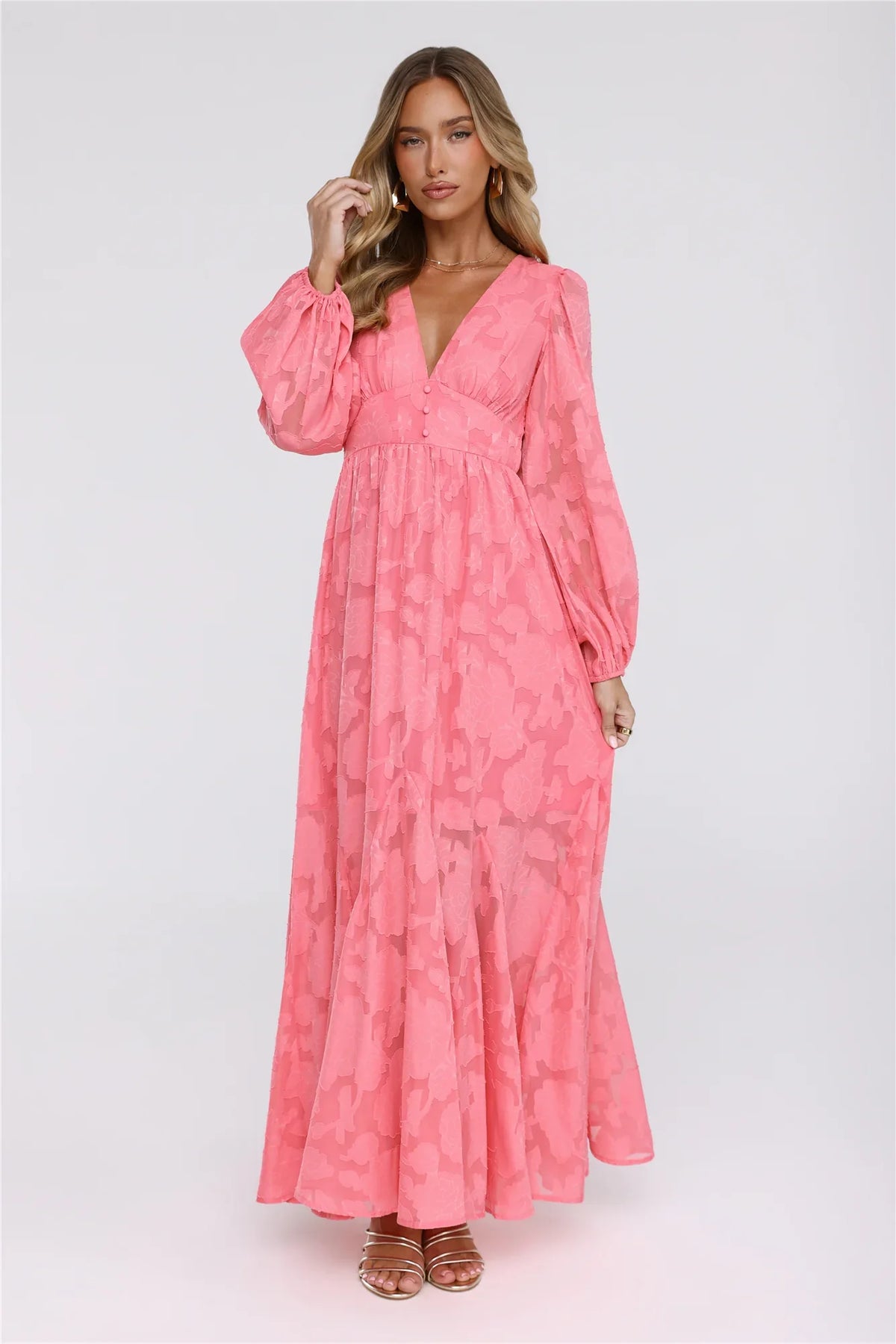 Glow Blossom Long Sleeve Maxi Dress Coral