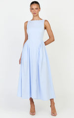 Casina Midi Dress - Boat Neck Tie Back Fit And Flare Dress in Blue