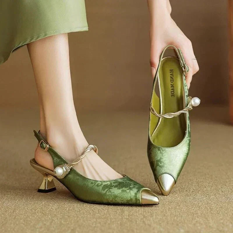 Women's Pearl Strap Slingback Kitten Heels | Pointed Toe Dress Pumps