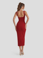 Square Neck Ruched Bodycon Midi Dress