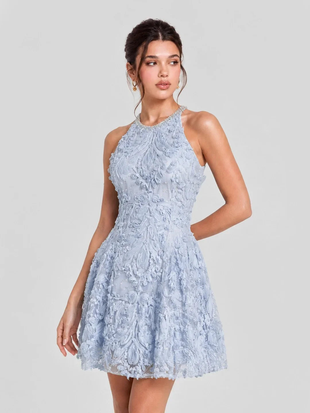 Crystal Trim 3D Floral Lace Halter Mini Dress