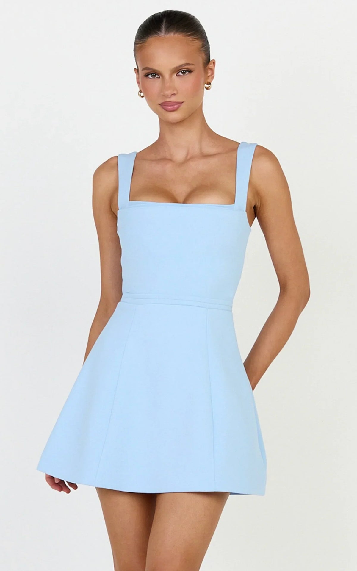 Donna Mini Dress - Square Neck Pin Tucked Waist Tulip Skirt Dress in Light Blue
