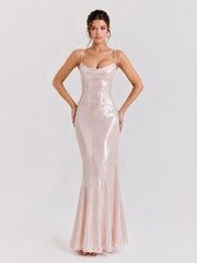 Sequin Mermaid Maxi Dress with Feather Cape