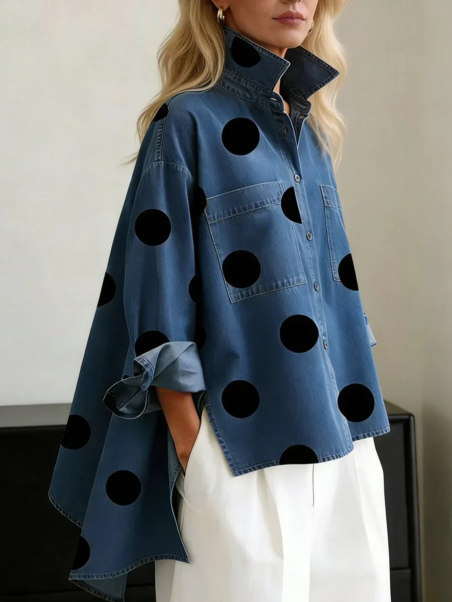 Women's Polka Dot Denim Shirt | Oversized Relaxed Button-Down Shirt
