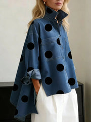 Women's Polka Dot Denim Shirt | Oversized Relaxed Button-Down Shirt