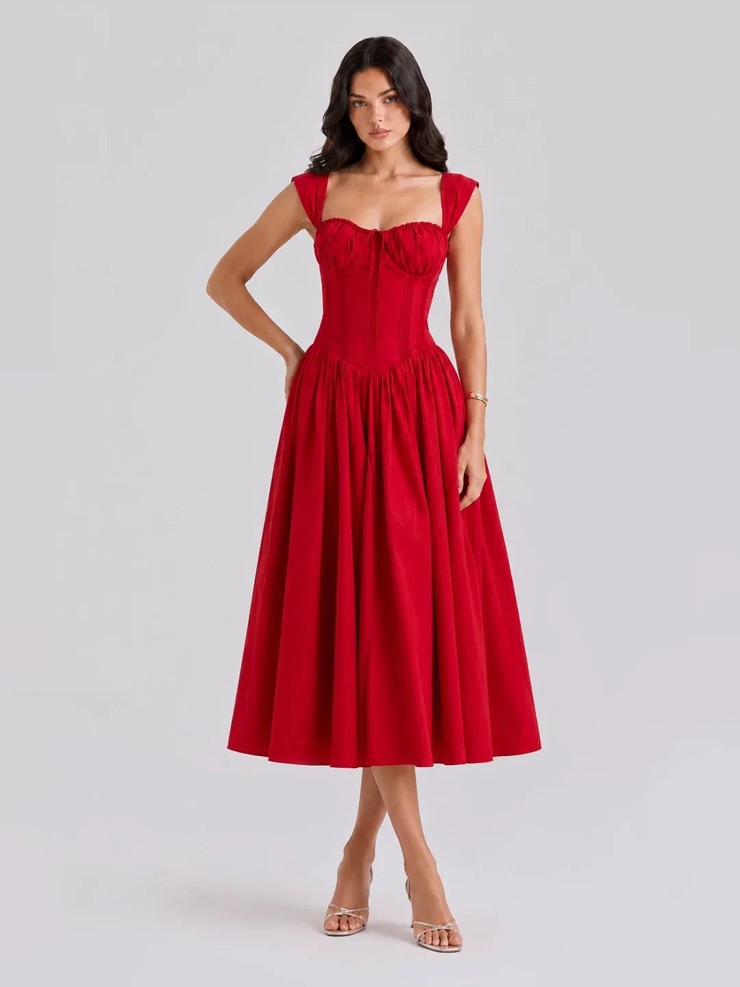 Lace-Up Corset Midi Dress with Full Skirt