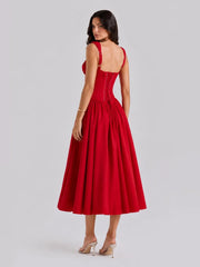 Lace-Up Corset Midi Dress with Full Skirt