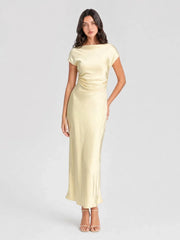 Cowl Back Satin Ruched Midi Dress