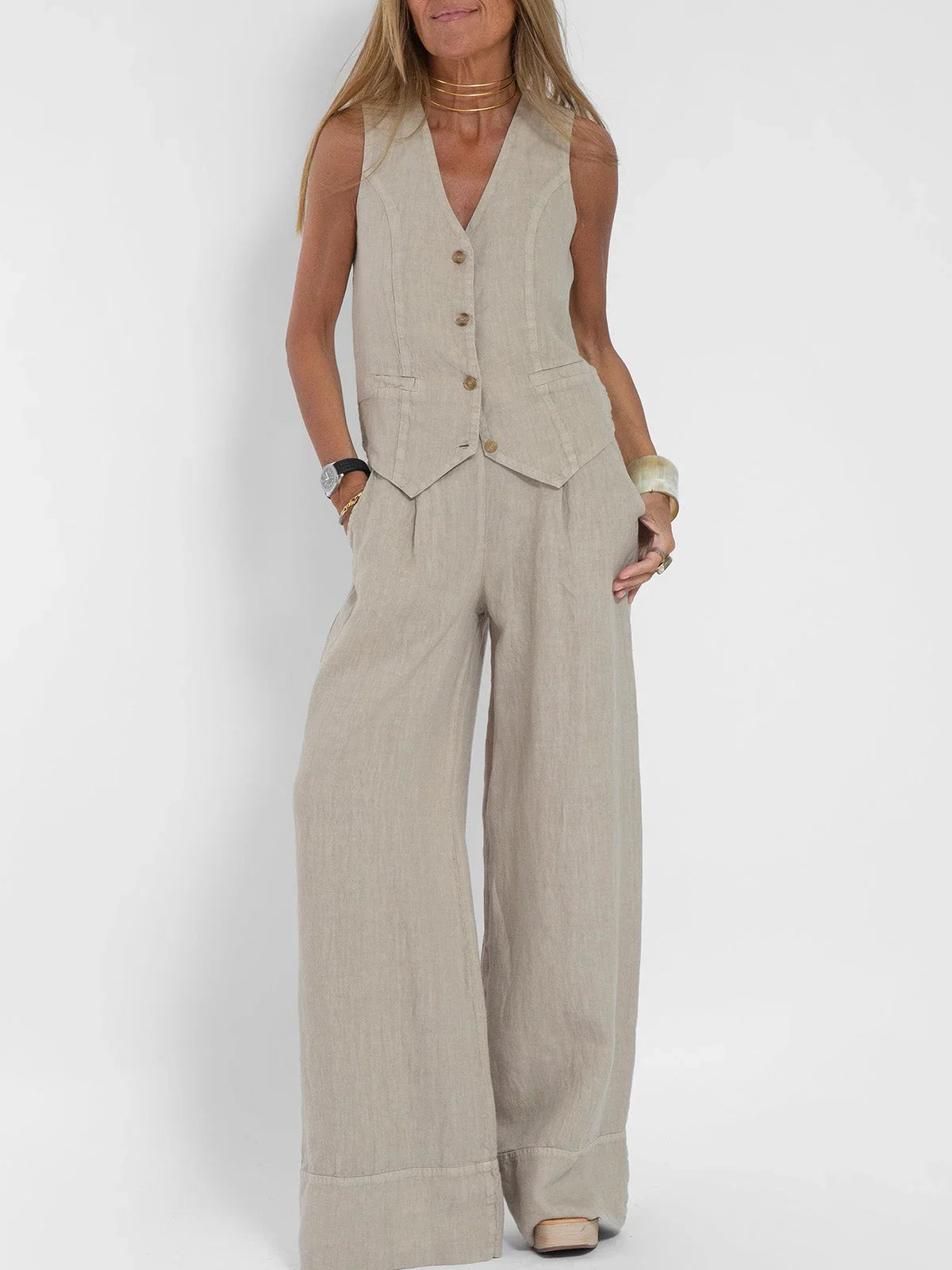 Women's Sleeveless Vest & Wide-Leg Pants Set | Tailored Two-Piece Suit