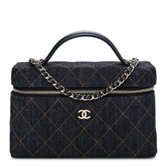 Denim Quilted Top Handle Slim Vanity Case With Chain Dark Blue Orange