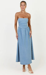 Isabella Midi Dress - Denim Strapless Ruched Dress in Mid Blue Wash