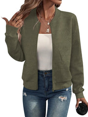 Women's Textured Knit Bomber Jacket | Zip-Up Casual Varsity Jacket