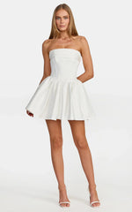 Lana Mini Dress - Ruched Bust Fit And Flare Strapless Corset Bodice Dress With Lace Up Back in White