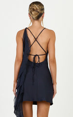 Alani Mini Dress - Open Cowl Back Flounce Detail Dress in Navy