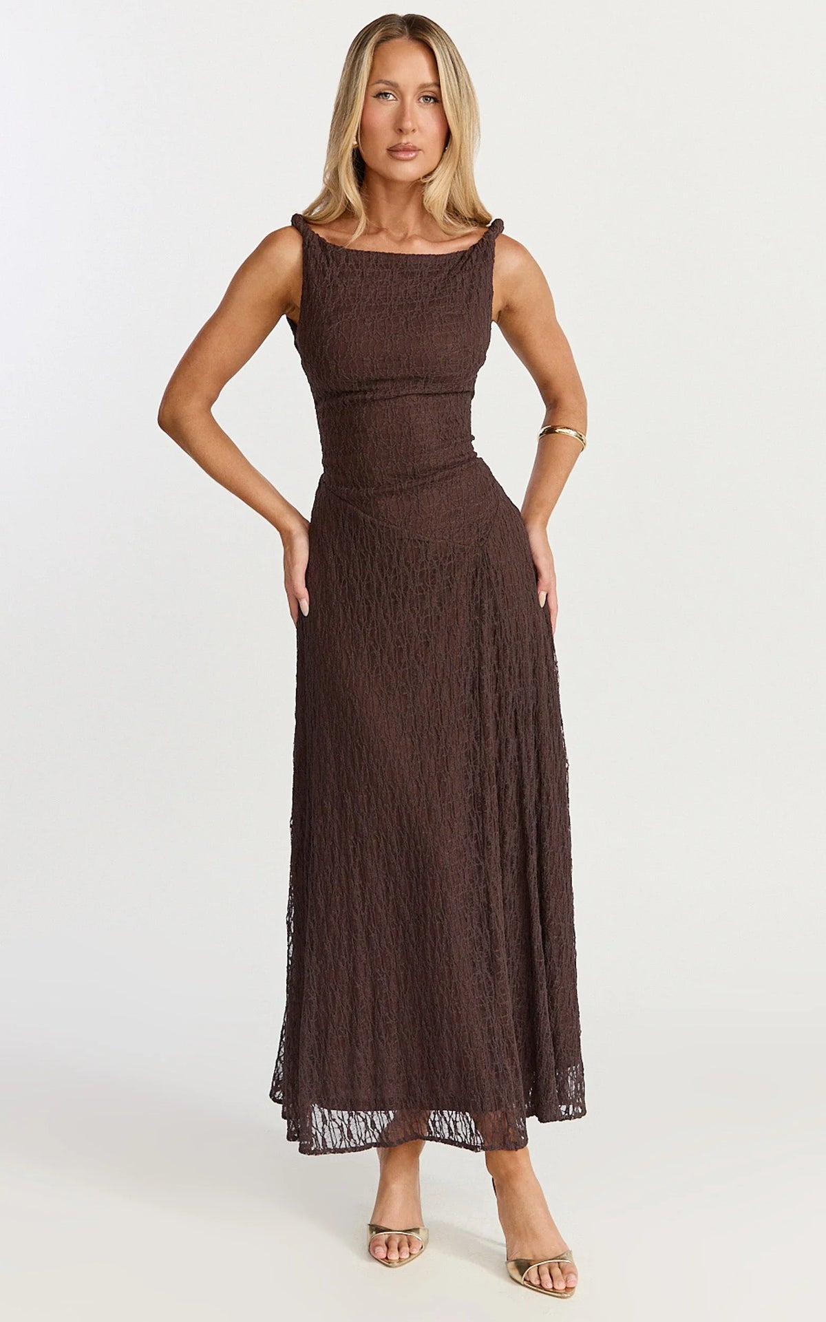 Abby Midi Dress - High Neck Asym Detail Dress in Chocolate