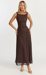 Abby Midi Dress - High Neck Asym Detail Dress in Chocolate