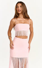 Evie Two Piece Top and Skirt Set - Fringed Micro Top And Tiered Fringed Mini Skirt in Pink