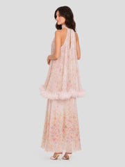 Watercolor Floral Halter Gown with Floral Trim