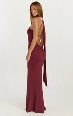 Seraphine Maxi Dress - Halter Neck Low Back Fit And Flare Dress in Wine