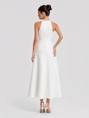 White Pearl Embellished Halter A-Line Midi Dress