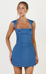 Heather Mini Dress - Square Neck A Line Denim Mini Dress in Mid Blue Wash