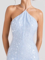 Sequin Feather Halterneck Mini Dress