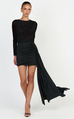 Jasmine Mini Dress - Long Sleeve Draped Skirt Overlay Dress in Black