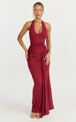 Dixie Maxi Dress - Plunge Halter Low Back Dress in Wine