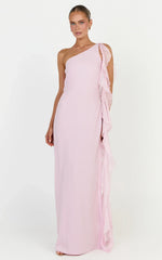 Alani Maxi Dress - Backless One Shoulder Flounce Detail Dress in Pink